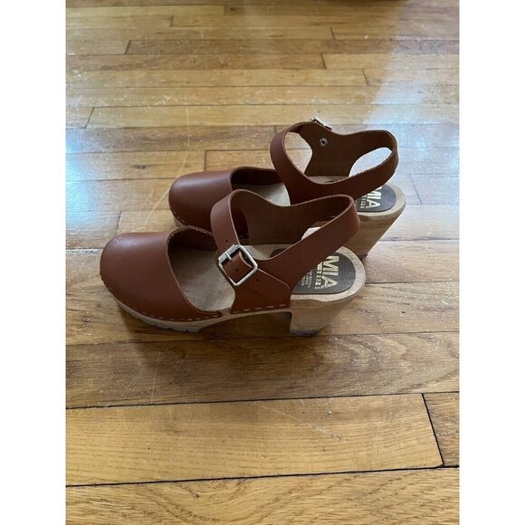 MIA Abba Summer Wooden Clog Sandals Sweden Size 38 Luggage Brown Leather - Picture 4 of 15